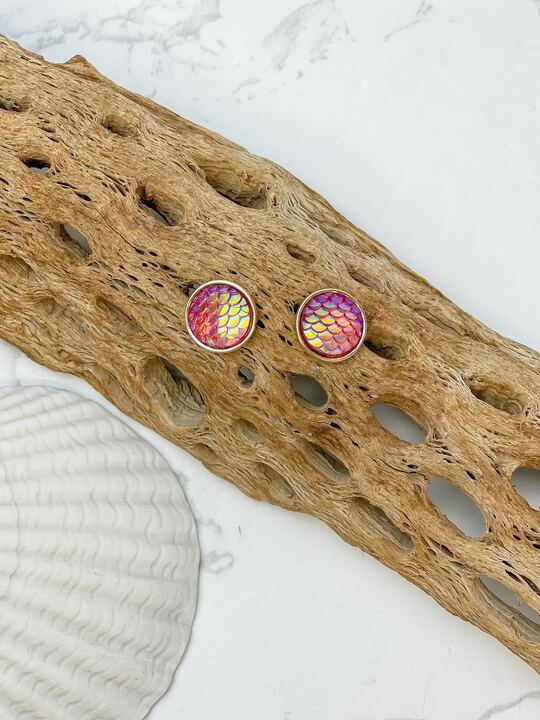 Mermaid Scale Statement Stud Earrings - Red