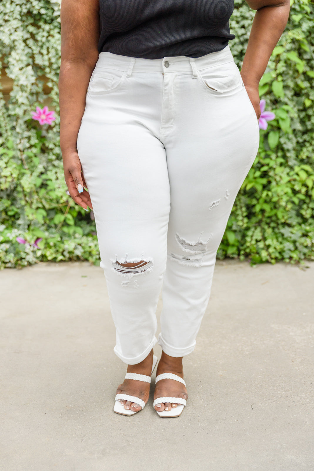 Mid-Rise Boyfriend Destroyed White Jeans by Judy Blue