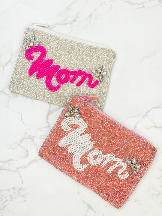 'Mom' Beaded Zip Pouch - Pink