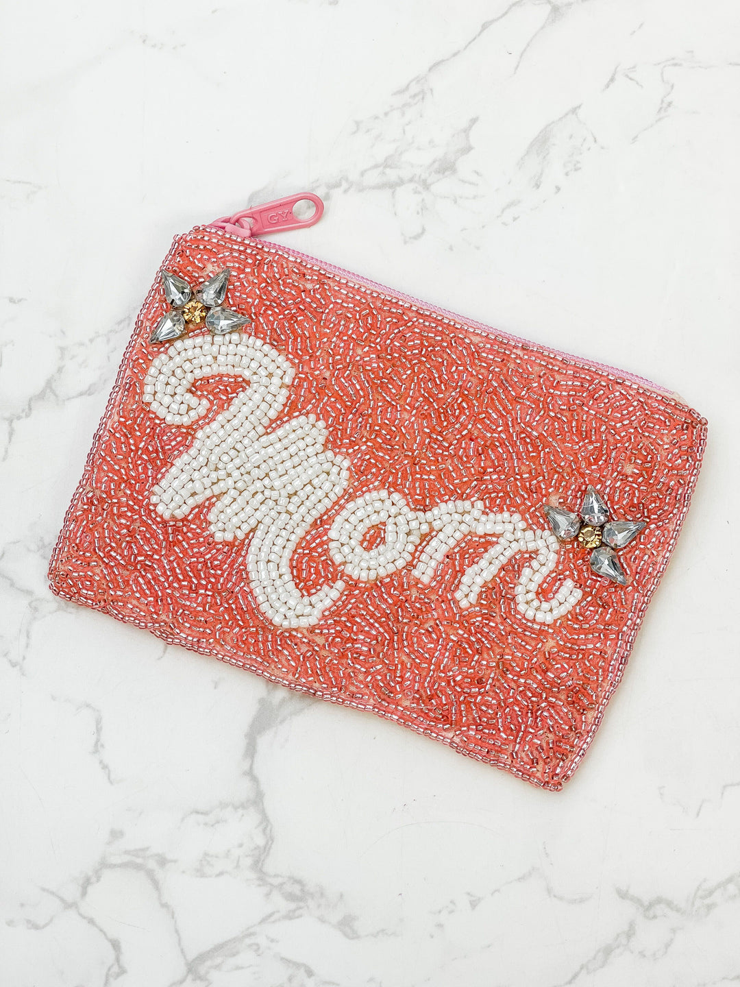 'Mom' Beaded Zip Pouch - Pink