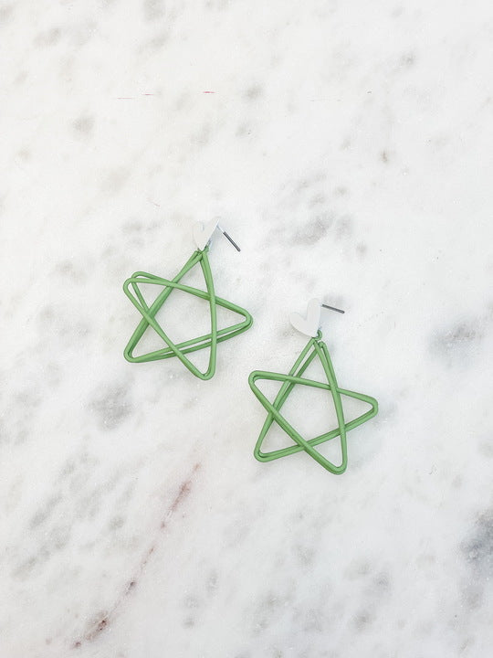 Open Star Matte Dangle Earrings - Green