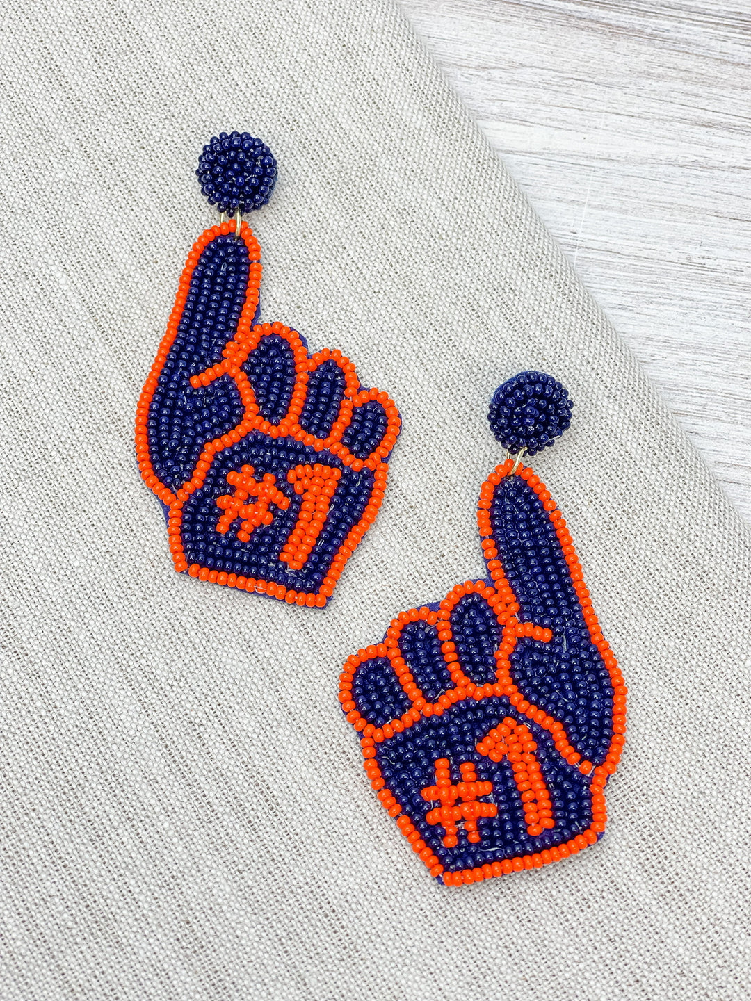 #1 Go Team Foam Finger Beaded Dangle Earrings - Navy & Orange