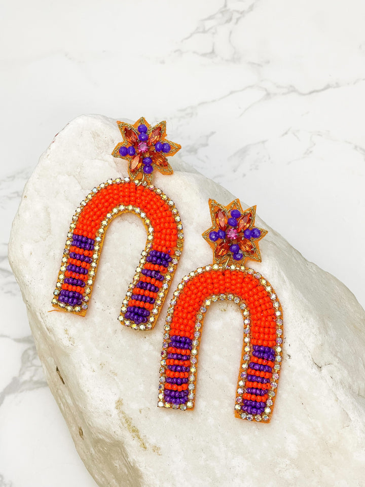 Game Day Beaded Arch Dangle Earrings - Orange & Purple