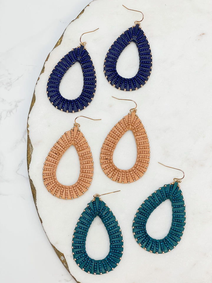 Oval Raffia Beaded Dangle Earrings - Teal