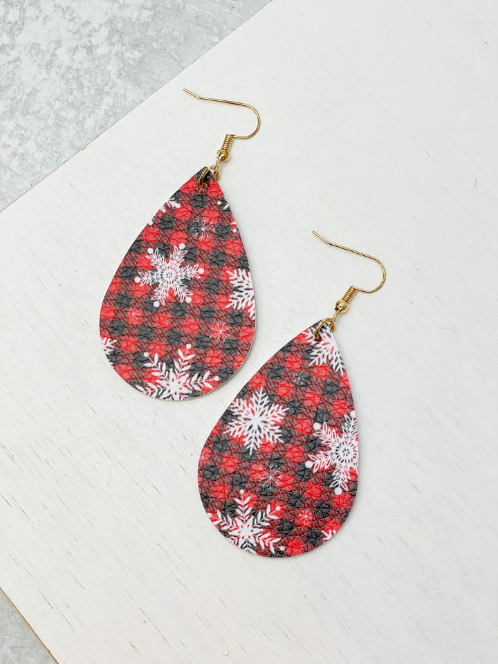 Snowflakes Printed Teardrop Dangle Earrings - Red Buffalo Check