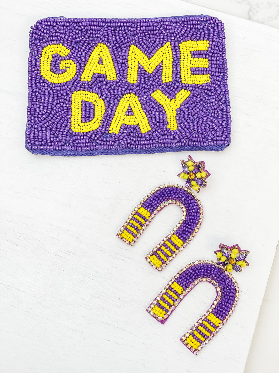 Game Day Beaded Arch Dangle Earrings - Purple & Yellow