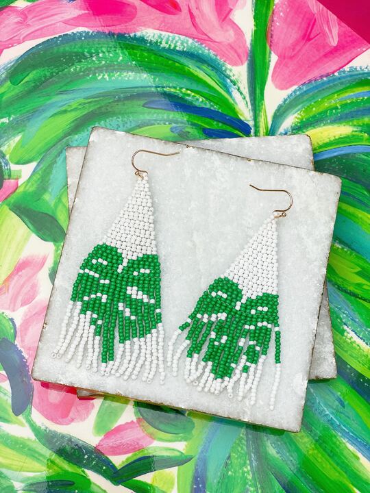 Palm Leaf Fringe Beaded Dangle Earrings