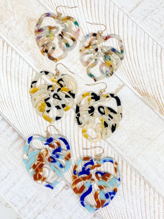 Acrylic Palm Leaf Dangle Earrings - Blue Multi