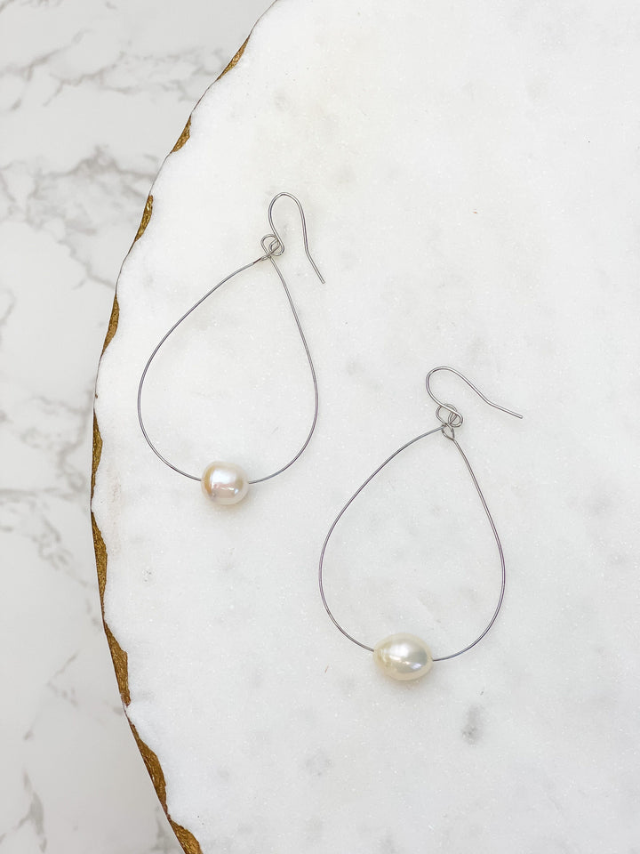 Freshwater Pearl Minimalist Oval Earrings - Silver