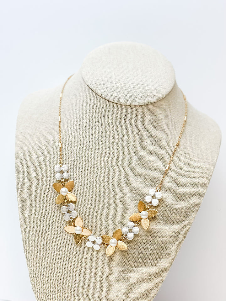 Two Tone Pearl Flower Statement Necklace