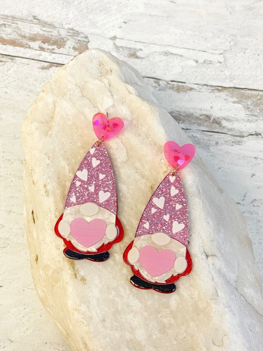 Pink Valentine Gnome Dangle Earrings