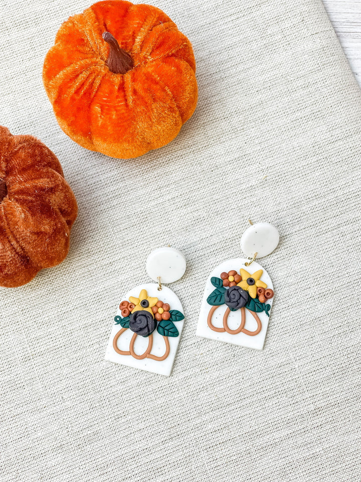 Fall Flowers Clay Dangle Earrings - White