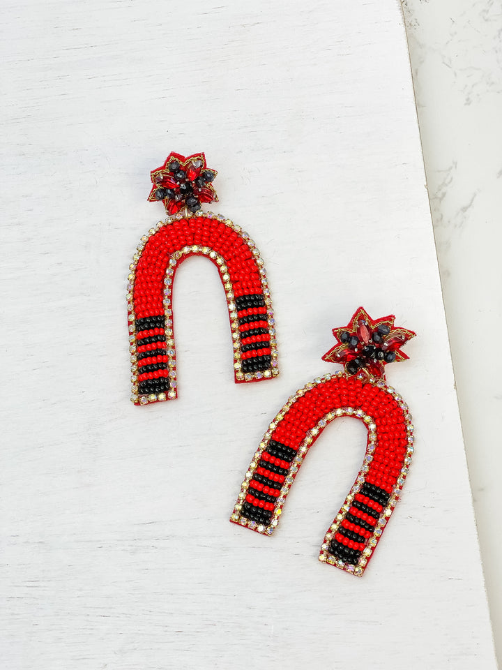 Game Day Beaded Arch Dangle Earrings - Red & Black