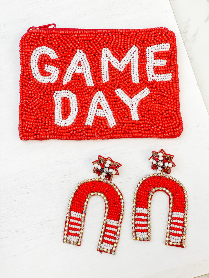 Game Day Beaded Arch Dangle Earrings - Red & White