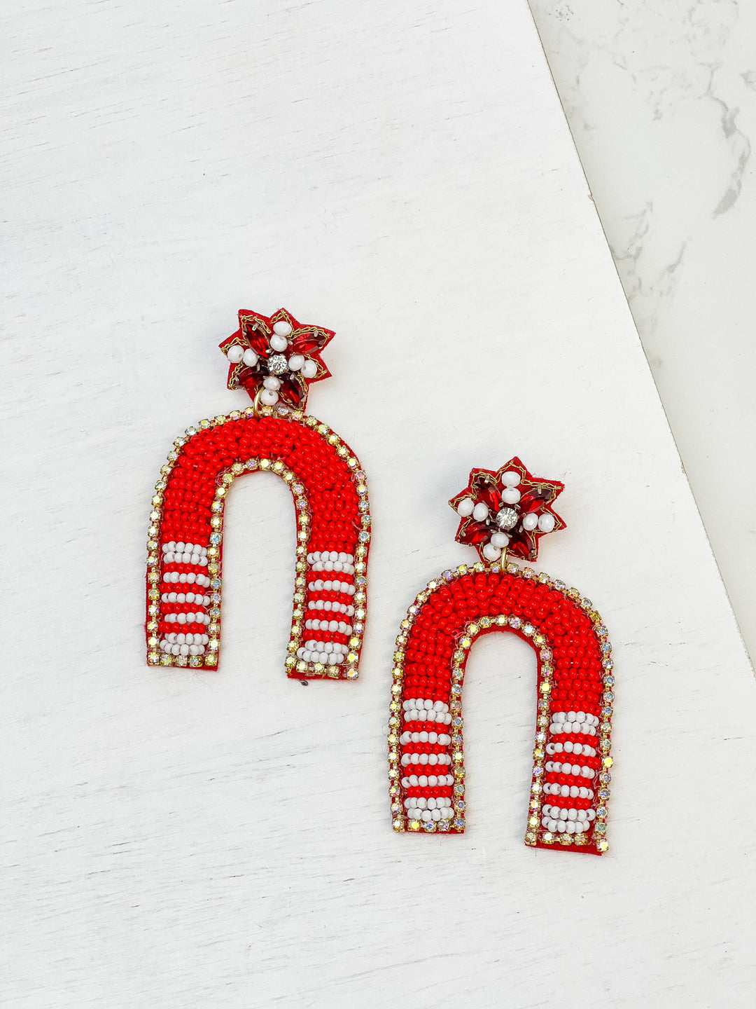 Game Day Beaded Arch Dangle Earrings - Red & White