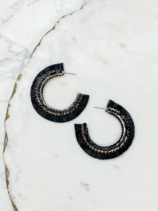 Beaded Raffia Hoop Earrings - Black