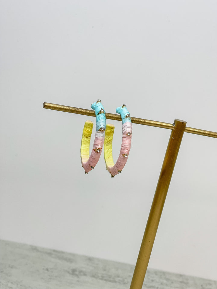 Raffia Wrapped Rhinestone Hoop Earrings - Pastel