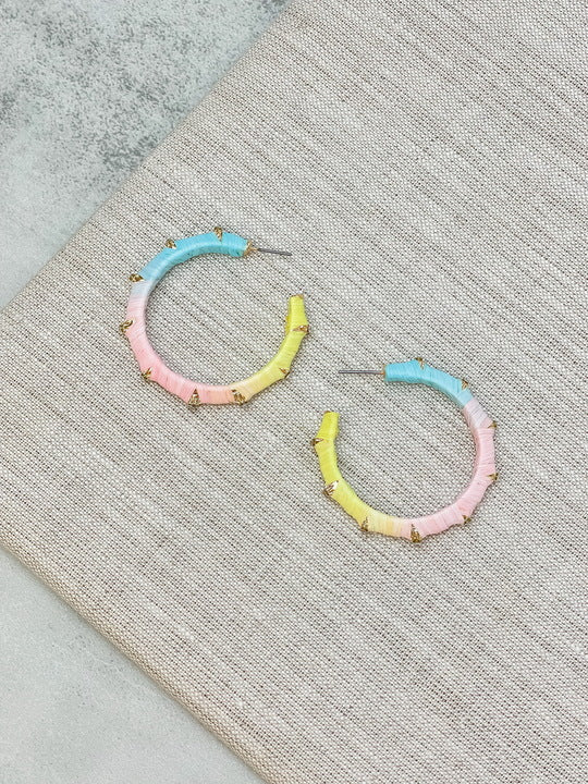 Raffia Wrapped Rhinestone Hoop Earrings - Pastel