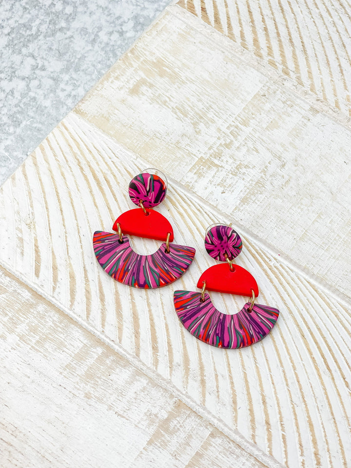 Half Moon Clay Dangle Earrings - Red Multi