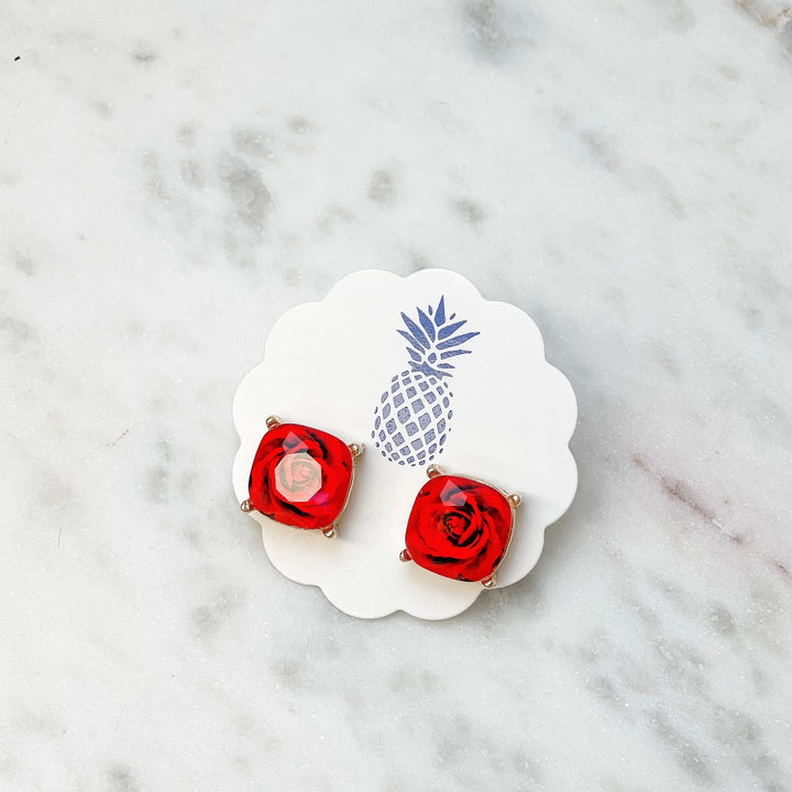 Rose Printed Stud Earrings - Red