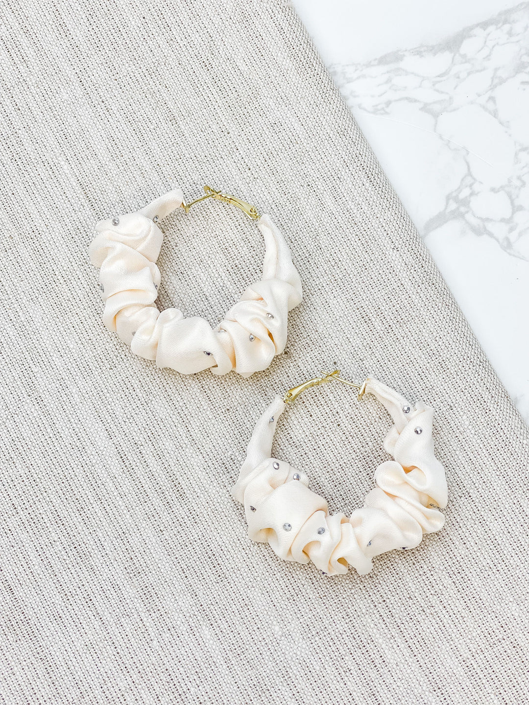 Rhinestone Scrunchie Hoop Earrings - Ivory