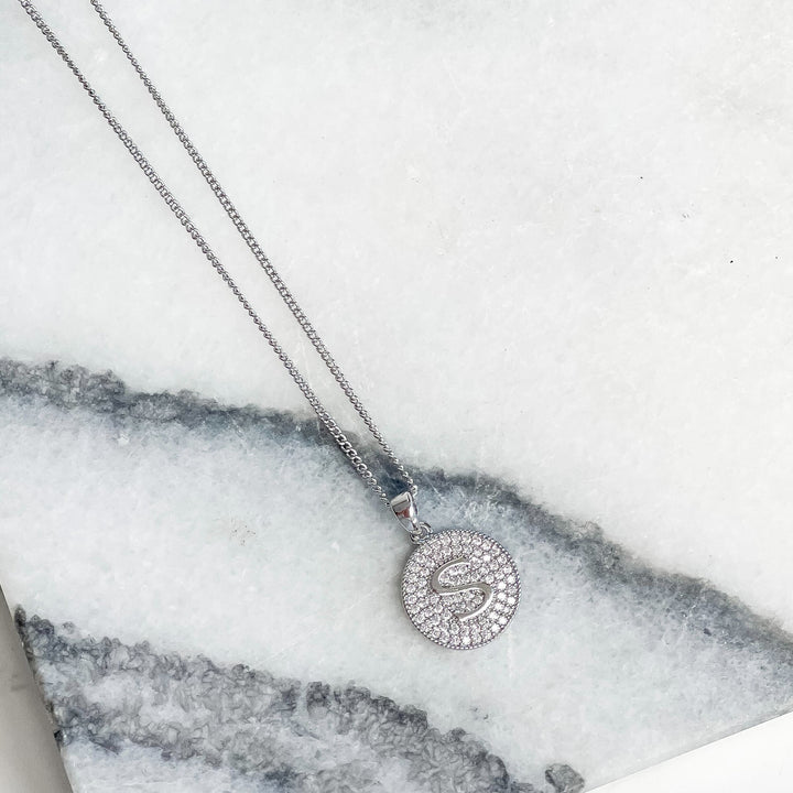 Cubic Zirconia Initial Disc Pendant Necklaces - White Gold