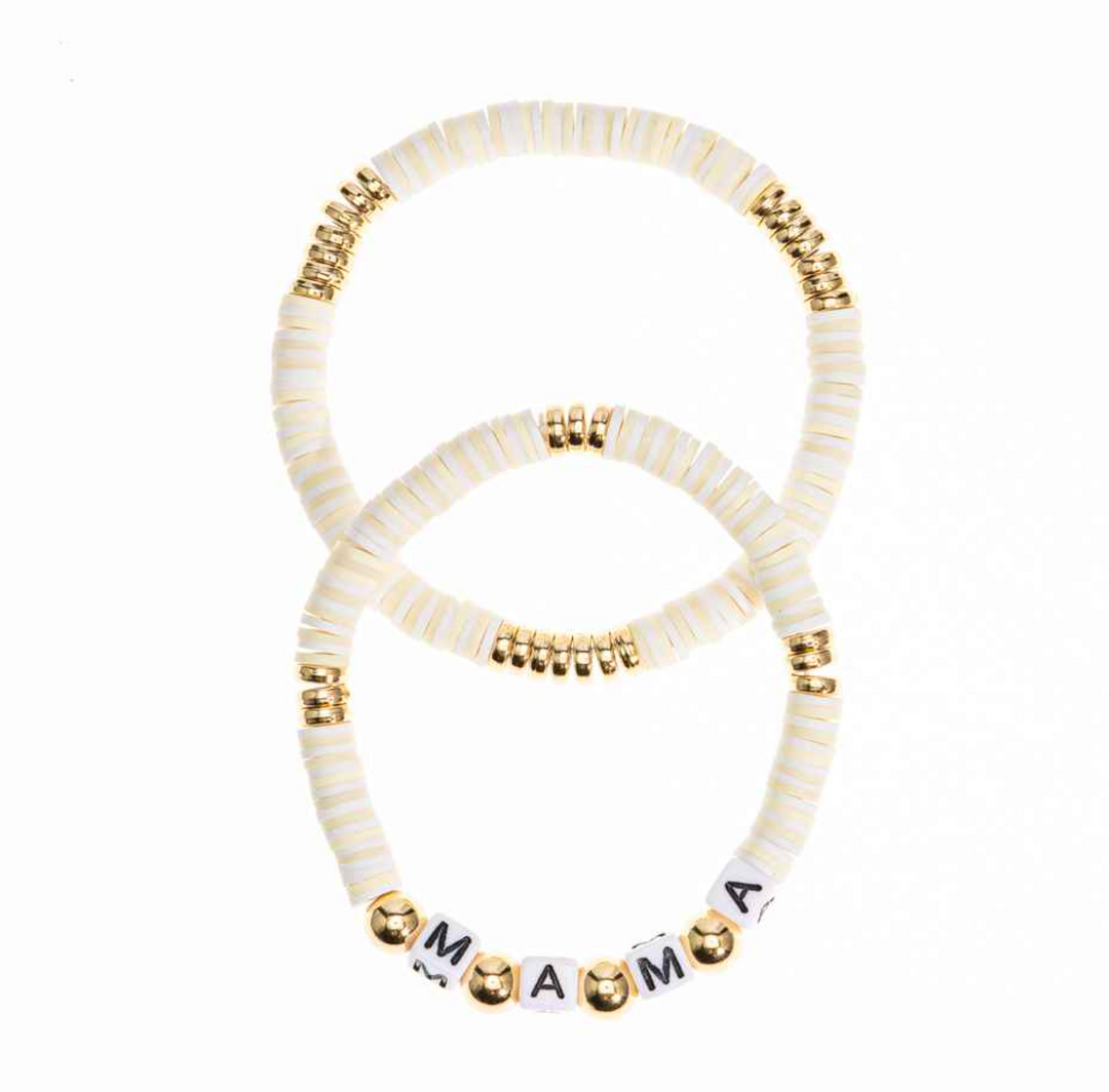 'Mama' Stretch Bracelet Set - White & Gold