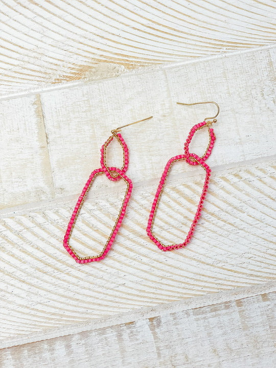 Seed Bead Link Drop Earrings - Hot Pink