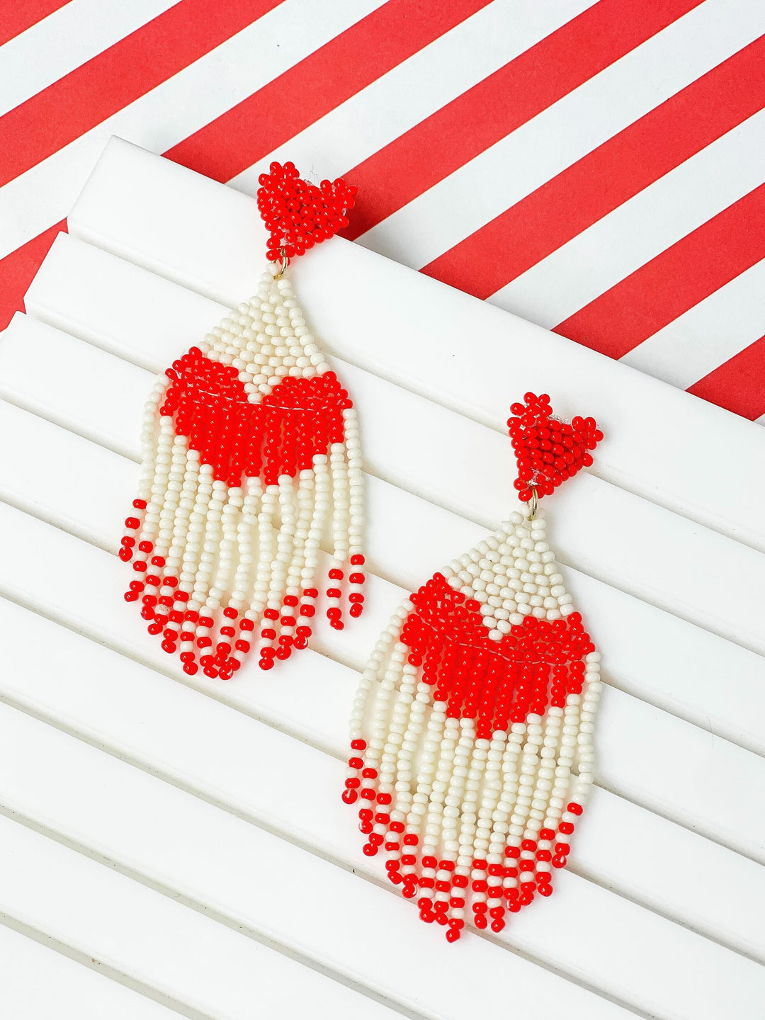 Seed Bead Tassel Heart Earrings - Red