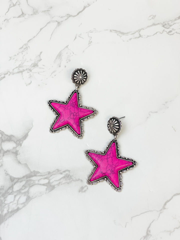 Semi Precious Star Statement Earrings - Pink