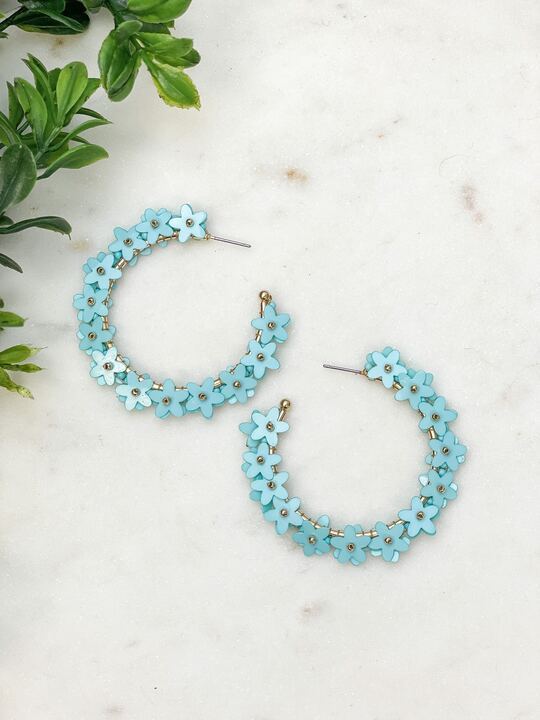 Sequin Flower Lined Hoop Earrings - Blue