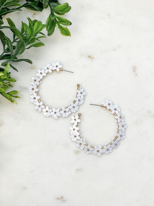 Sequin Flower Lined Hoop Earrings - White