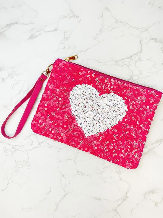 Sequin Heart Wristlet - Hot Pink