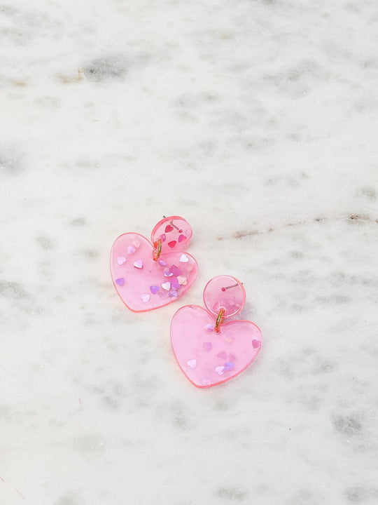 Silver Confetti Heart Dangle Earrings - Neon Pink