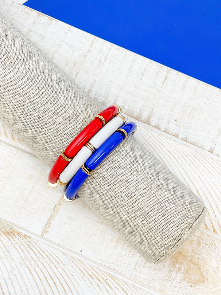 Acrylic Skinny Tube Stretch Bracelet Set of 3 - Red, White, & Blue