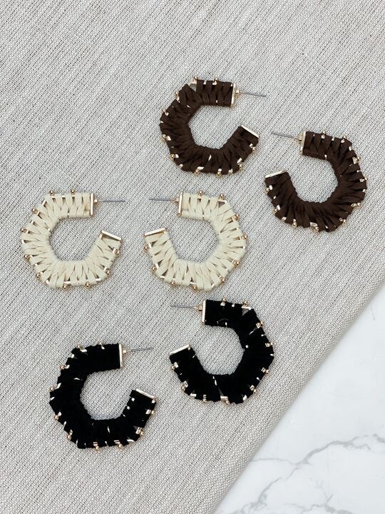 Studded Suede Hoop Earrings - Brown