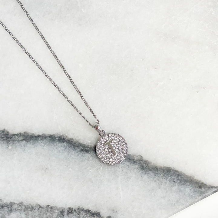 Cubic Zirconia Initial Disc Pendant Necklaces - White Gold