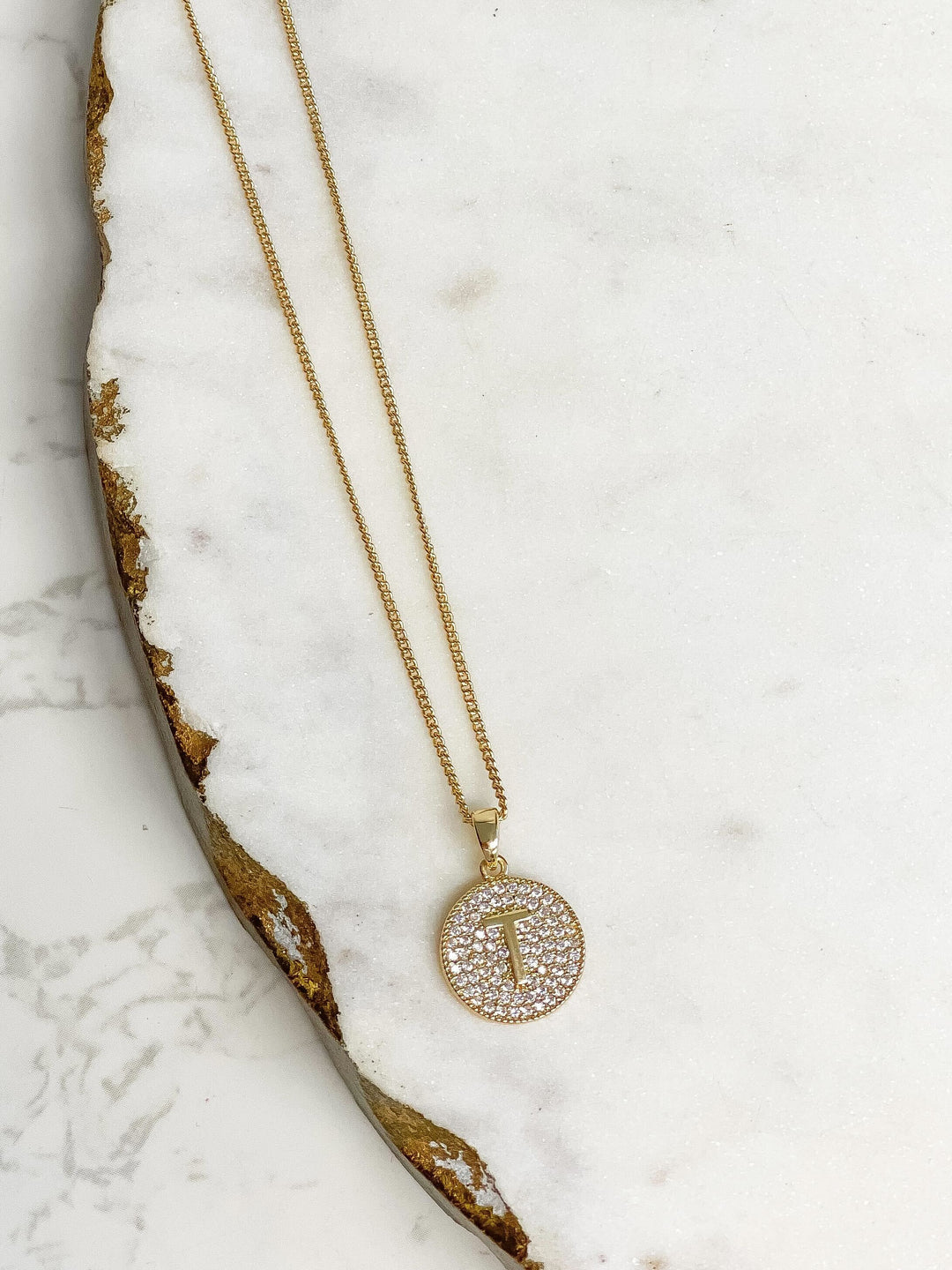 Cubic Zirconia Initial Disc Pendant Necklaces - Gold