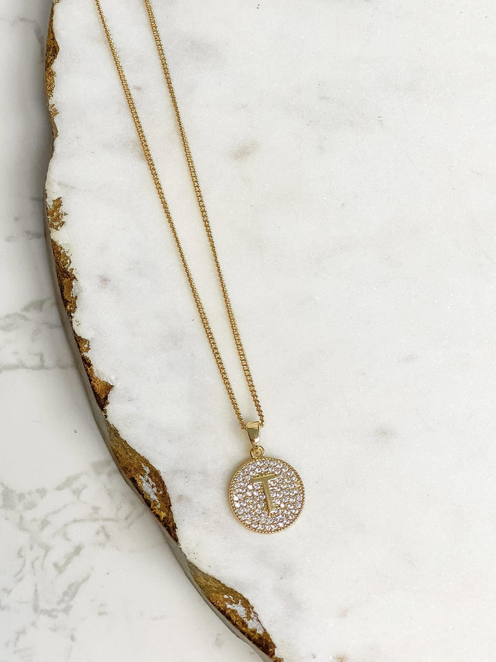 Cubic Zirconia Initial Disc Pendant Necklaces - Gold