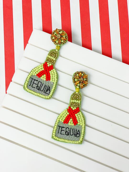 Tequila Bottle Seed Bead Dangle Earrings - Yellow