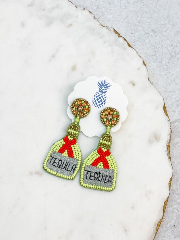 Tequila Bottle Seed Bead Dangle Earrings - Yellow