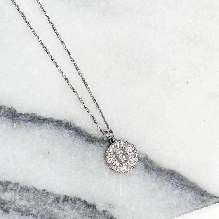 Cubic Zirconia Initial Disc Pendant Necklaces - White Gold