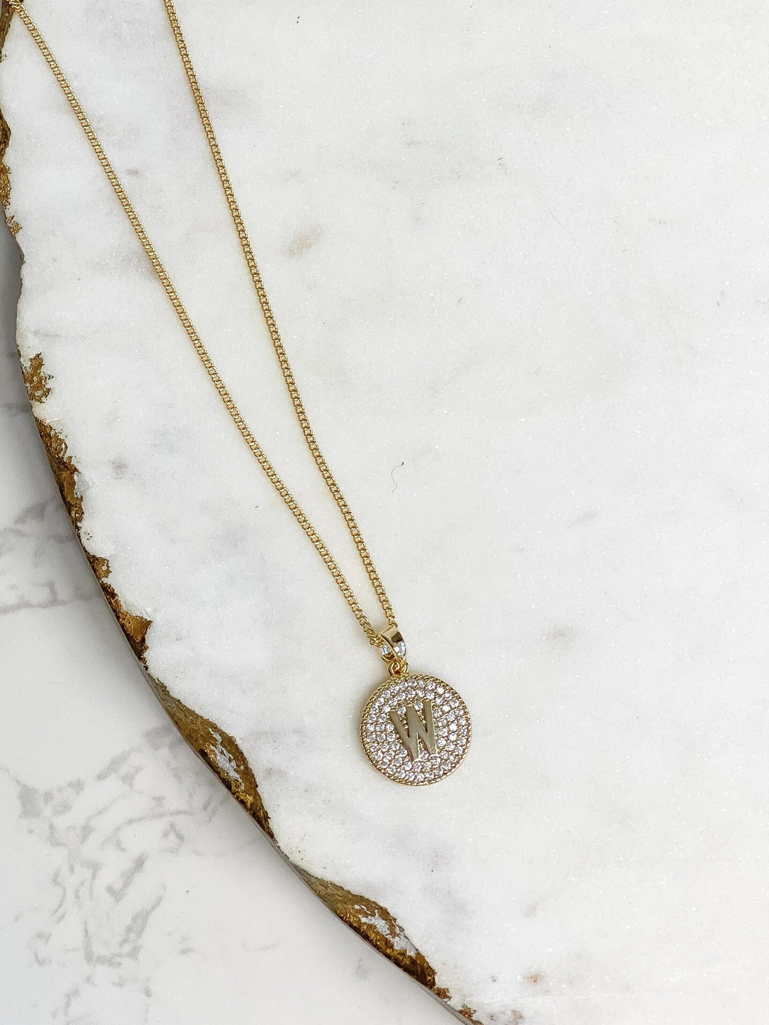 Cubic Zirconia Initial Disc Pendant Necklaces - Gold