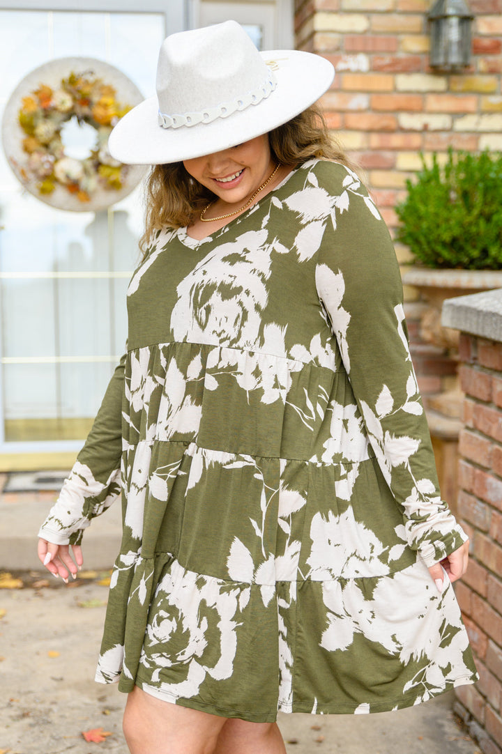 Worthwhile Moment Floral Tiered Dress In Olive