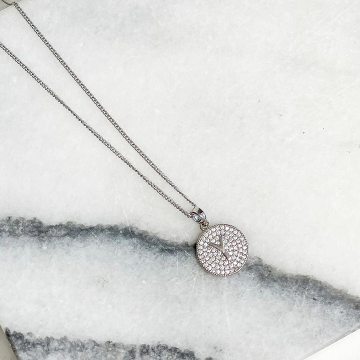 Cubic Zirconia Initial Disc Pendant Necklaces - White Gold