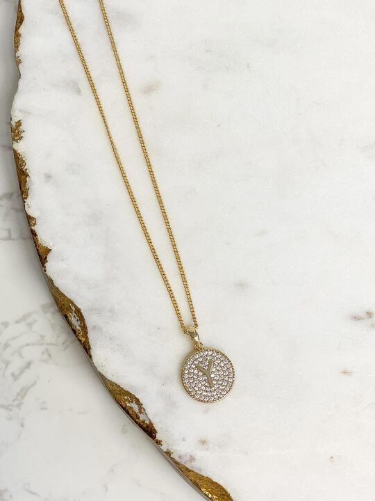 Cubic Zirconia Initial Disc Pendant Necklaces - Gold