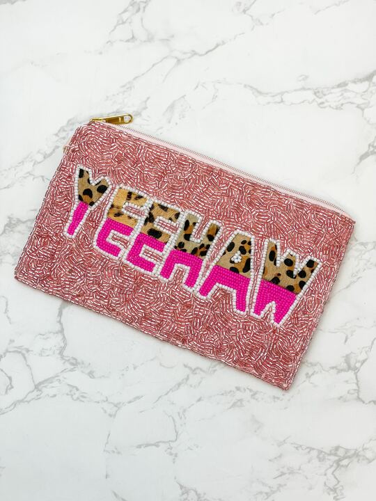 'Yeehaw' Leopard Beaded Zip Wristlet