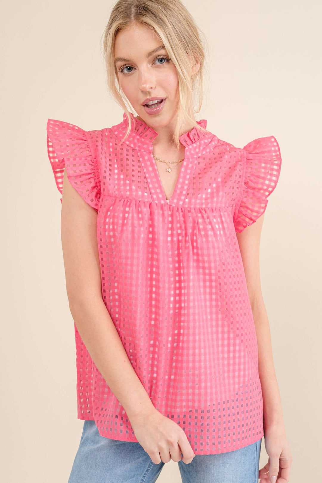 Sheer Gridded Baby Doll Ruffled Top - Pink