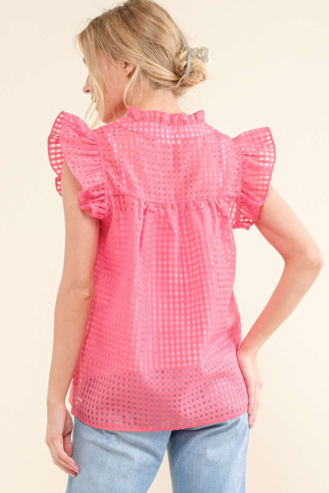 Sheer Gridded Baby Doll Ruffled Top - Pink