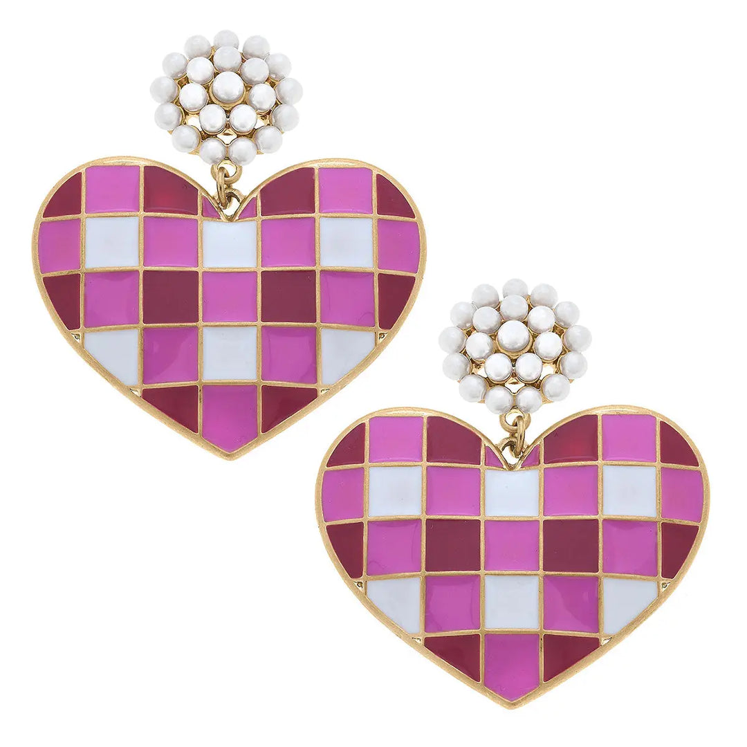 Valentine's Gingham Heart Pearl Cluster Drop Earrings